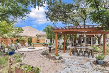 Outdoor garden oasis at The Garden House in Cedar Park, Texas featuring a pergola dining area, fire pit, and stone walkway.