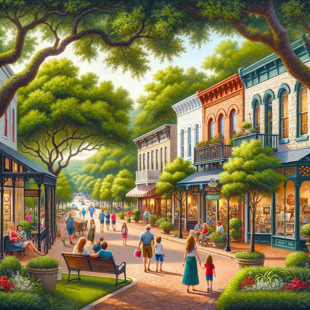 Picturesque view of Spring, TX featuring a quaint historic district with charming shops, tree-lined streets, and families strolling. Lush green gardens and a serene park with children playing in the background, capturing the essence of a welcoming and family-friendly community.