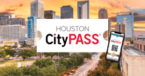 Collage of Houston attractions included in the CityPASS, featuring the Space Center Houston, Downtown Aquarium, and Houston Museum of Natural Science.