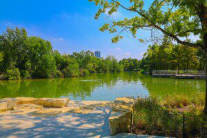 Hermann Park Houston green lake with stone seating area surrounded by lush trees and natural vegetation