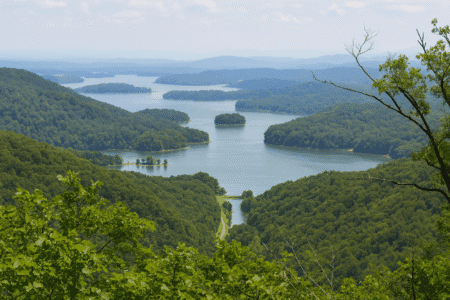 Scenic overlook of Cherokee Lake surrounded by rolling green hills in Talbott Tennessee