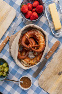 Giant soft pretzels and frothy beer steins at Big Bear Lake Oktoberfest in the San Bernardino mountains