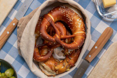 Giant soft pretzels and frothy beer steins at Big Bear Lake Oktoberfest in the San Bernardino mountains