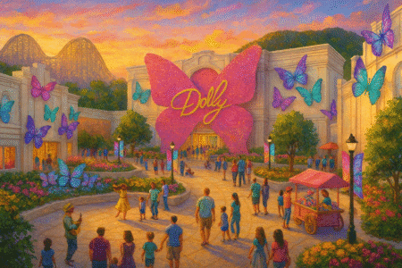 Families walking through Dollywoods colorful butterfly plaza at sunset with rides and Smoky Mountain views
