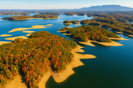 Aerial view of Douglas Lake in Tennessee with wooded shoreline, sandy coves, and blue water in fall