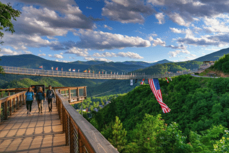 Panoramic view of Gatlinburg SkyBridge with mountain backdrop and flags, featured attraction for things to do in Gatlinburg, Tennessee
