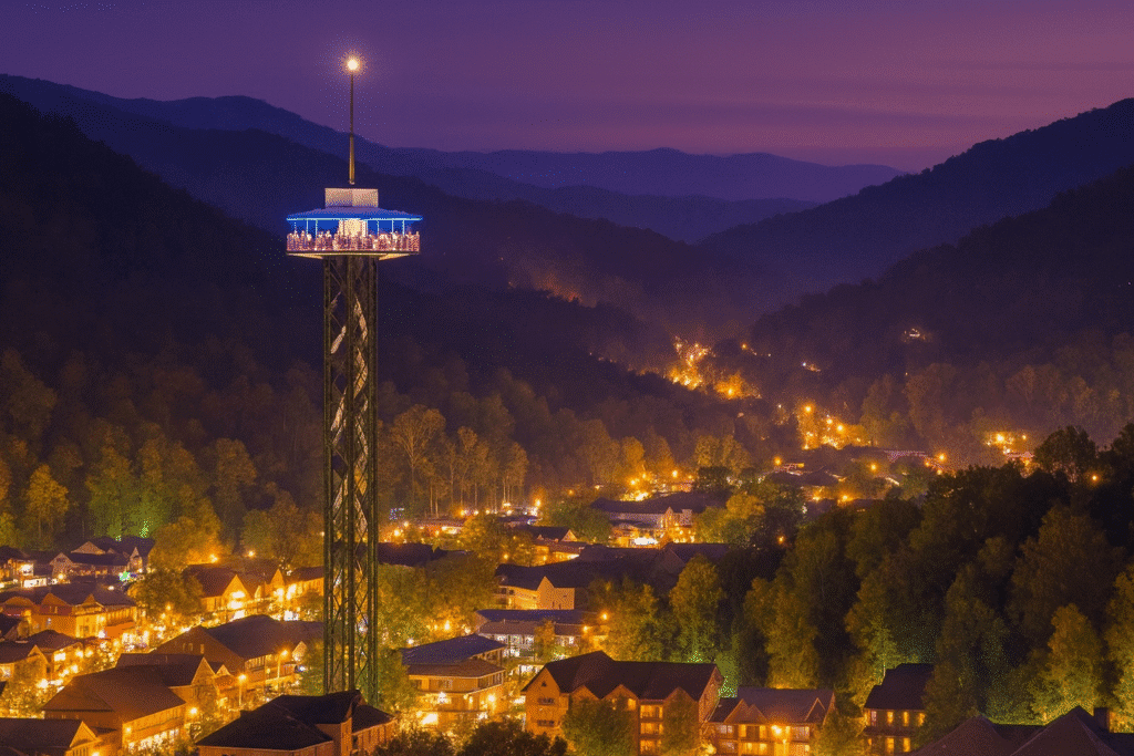 Night view of the Gatlinburg Space Needle overlooking the city lights and Smoky Mountain skyline