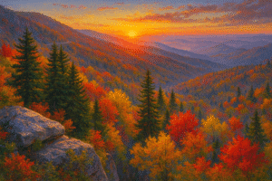 Sunrise over Great Smoky Mountains National Park with colorful fall foliage and distant ridgelines