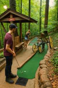 Mini golf course set in a wooded hillside with rustic obstacles and players putting on a green in Gatlinburg Tennessee