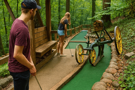 Mini golf course set in a wooded hillside with rustic obstacles and players putting on a green in Gatlinburg Tennessee