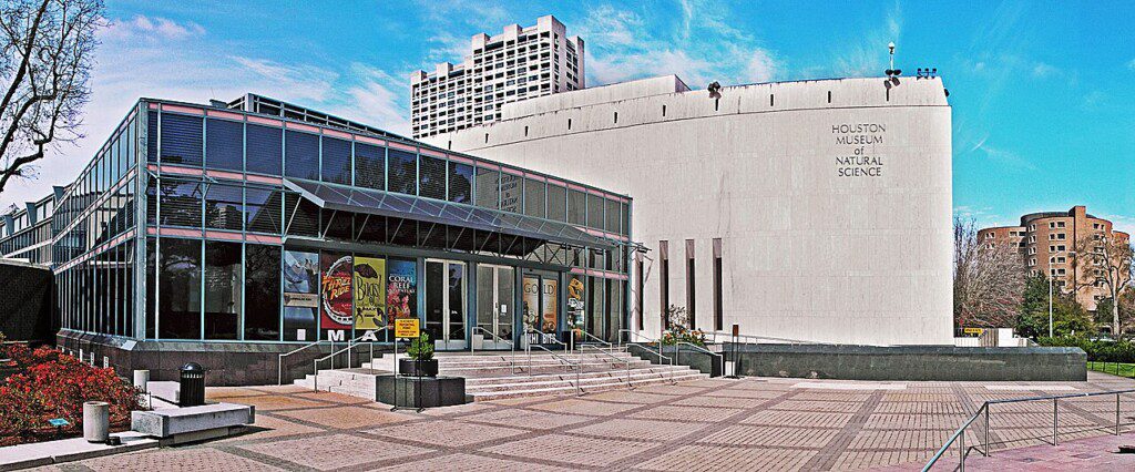 Houston Museum of Natural Science exterior with Cockrell Butterfly Center and main building in Hermann Park Texas