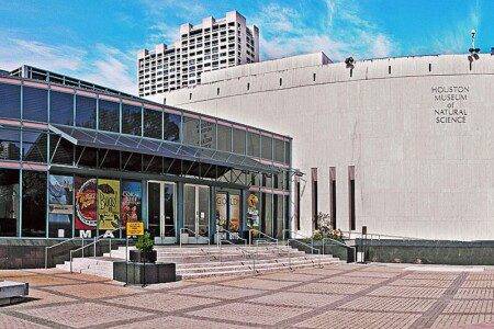Houston Museum of Natural Science exterior with Cockrell Butterfly Center and main building in Hermann Park Texas