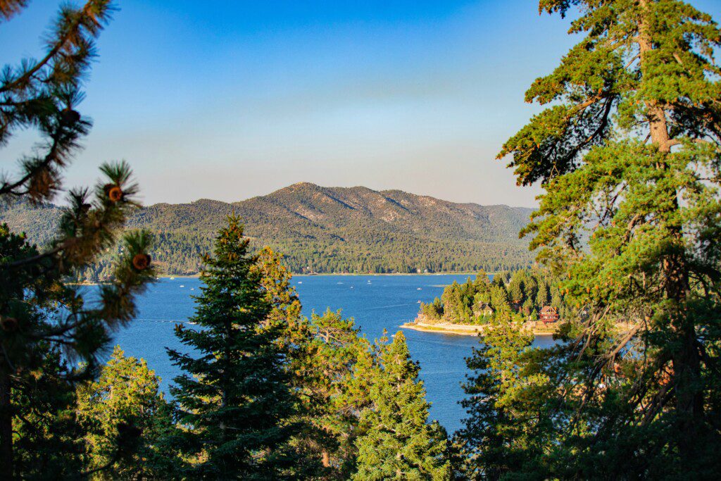 Big Bear Lake California scenic mountain view with pine trees near Magic Mountain alpine slide