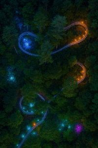Aerial night view of the Moonshine Mountain Coaster glowing with colorful lights through the forest in Gatlinburg Tennessee