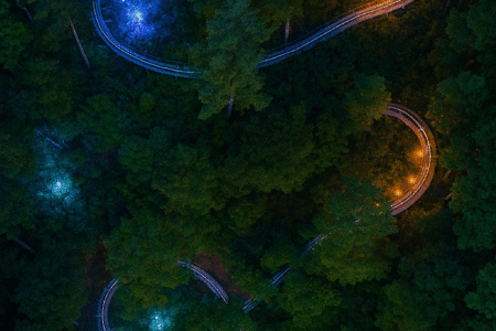 Aerial night view of the Moonshine Mountain Coaster glowing with colorful lights through the forest in Gatlinburg Tennessee