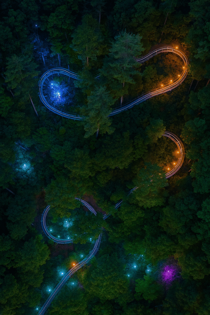Aerial night view of the Moonshine Mountain Coaster glowing with colorful lights through the forest in Gatlinburg Tennessee