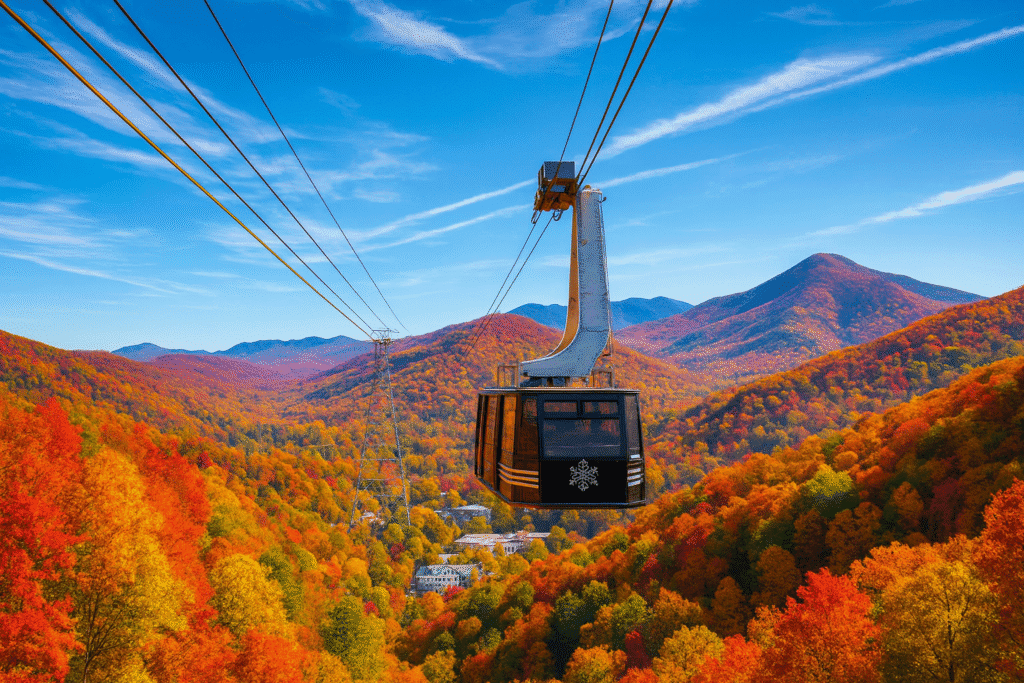 Aerial view of the Ober Mountain tram gliding above fall foliage in Gatlinburg Tennessee.