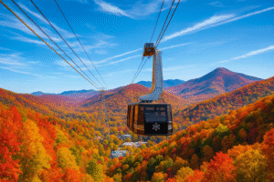 Aerial view of the Ober Mountain tram gliding above fall foliage in Gatlinburg Tennessee.