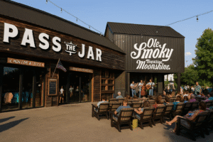 Ole Smoky Distillery in Gatlinburg Tennessee with live music and outdoor seating.