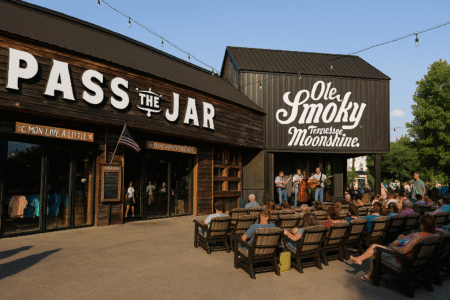 Ole Smoky Distillery in Gatlinburg Tennessee with live music and outdoor seating.
