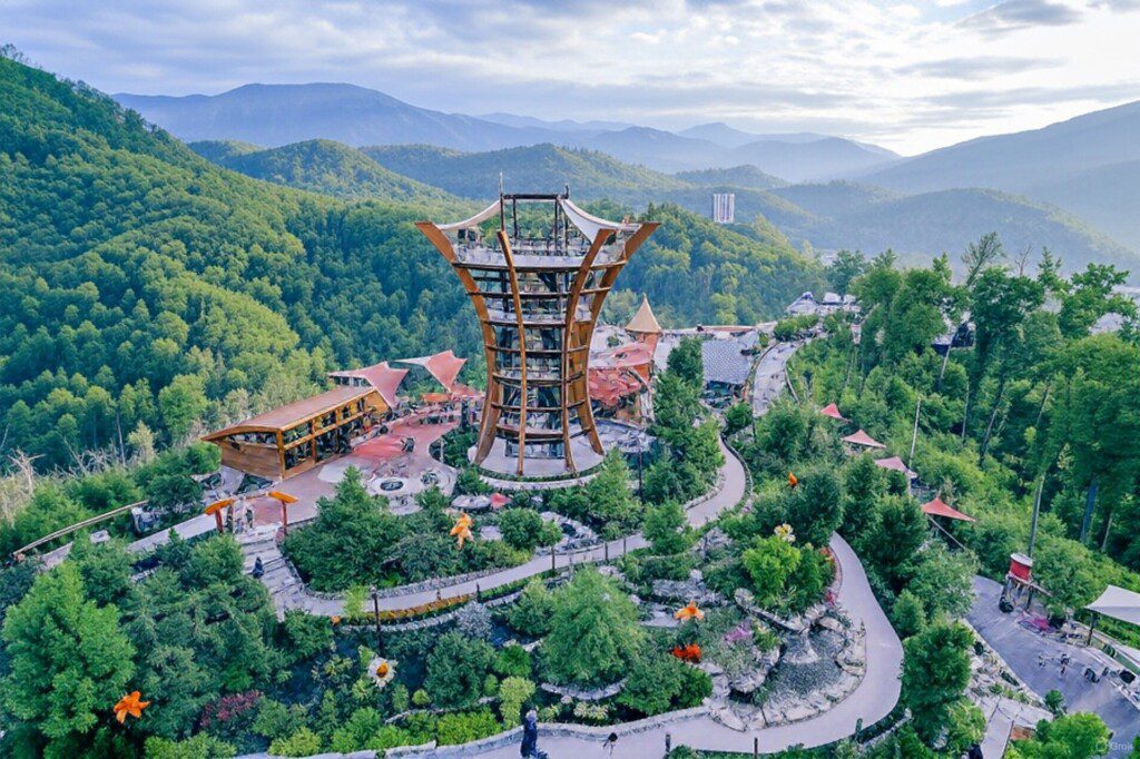 Aerial view of Anakeesta’s AnaVista Tower and Firefly Village in Gatlinburg, Tennessee, with the Great Smoky Mountains in the background – featured image for top things to do in Gatlinburg TN