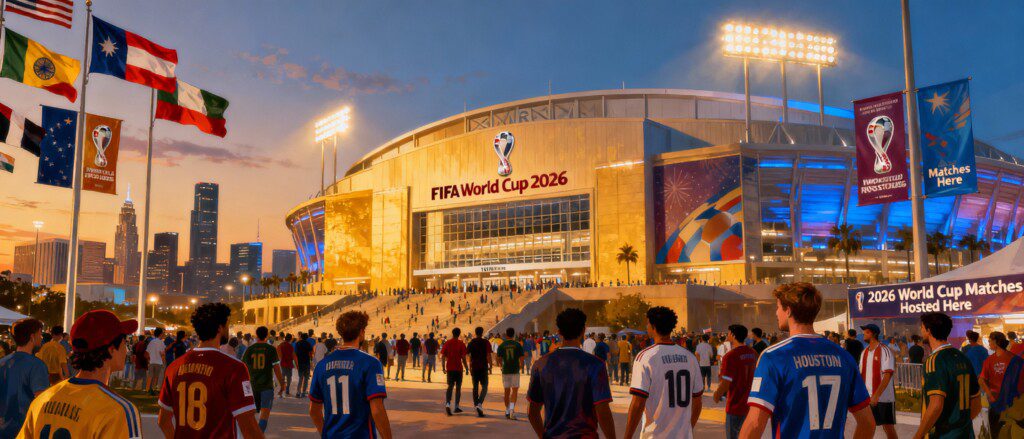 Houston Stadium in Houston, formerly NRG Stadium, decorated for the 2026 FIFA World Cup with fans, national flags, and city skyline at dusk
