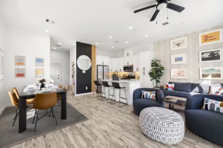 Modern Houston Airbnb interior at The Landing Pad with open living space and contemporary design